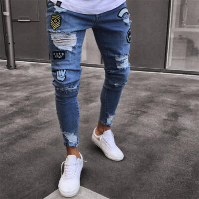 

Mens Skinny Jeans Rip Slim fit Stretch Denim Distress Frayed Biker Jeans Boy UK