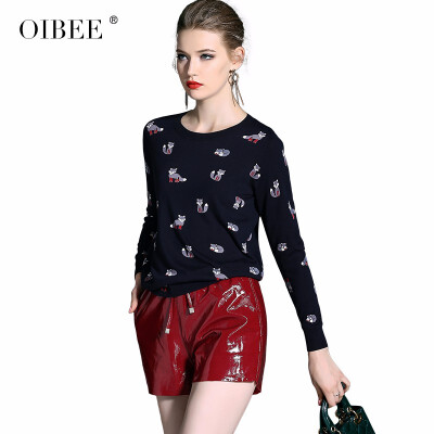 

OIBEE2018 bottoming shirt European goods autumn small sweater female short paragraph still print round neck pullover short jacket