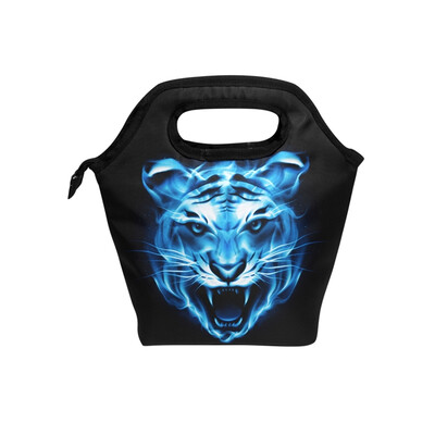

Lunch Tote Bag Blue Tiger Head Travel Picnic Insulated Lunch Handbags Portable Zipper Lunch Bag Box