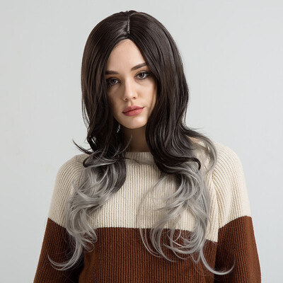 

BLONDE UNICORN 18 Inch Loose Wave Synthetic Women Long Hair Wig Middle Part Two Tones Black Root Ombre Grey Female Cosplay Wig
