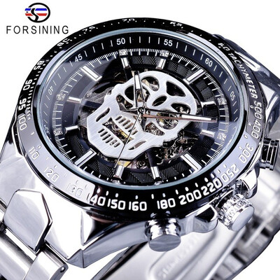 

Forsining Steampunk Series Black Stainless Steel Fashion White Luminous Skull Design Mens Automatic Watches Sport Clock