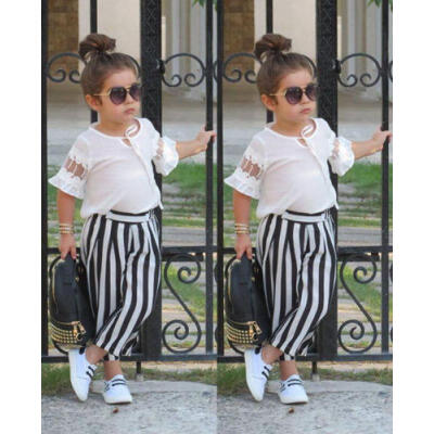 

US STOCK Toddler Baby Girl Casaul T-shirt Tops Stripe Pants Clothes Outfits Set