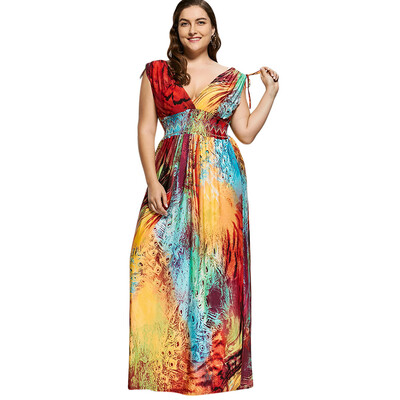 

Plunging Neck Printed Floor Length Plus Size Dress