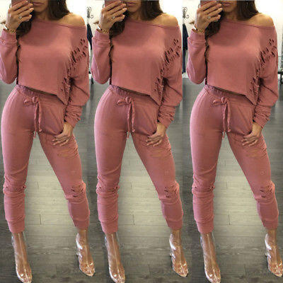 

Womens Off Shoulder Long Sleeve Ripped Playsuits Ladies Casual Long Jumpsuit
