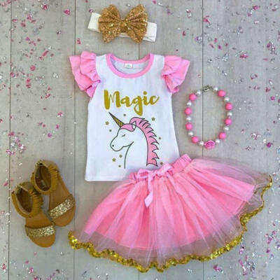 

2PCS Toddler Kids Baby Girls Outfits Clothes T-shirt TopsTutu Dress Skirt Sets