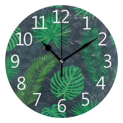 

Wall Clock Arabic Numerals Design Tropical Leaves Round