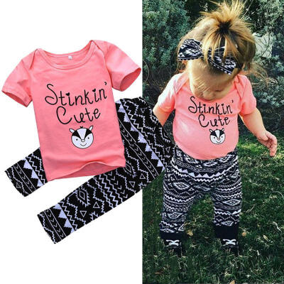 

US Infant Newborn Kids Baby Girl Outfit Pink Top T-shirt Long Pants Clothes Set