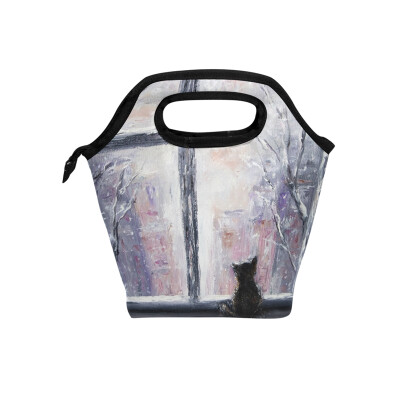 

Lunch Tote Bag Window Cat Travel Picnic Insulated Lunch Handbags Portable Zipper Lunch Bag Box