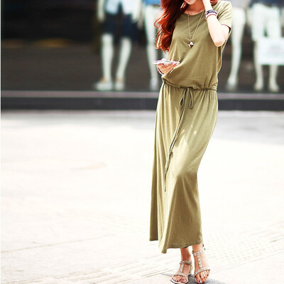 

Women Lady Short Sleeve Round Neck Casual Solid Plus Long Maxi Dress Summer US