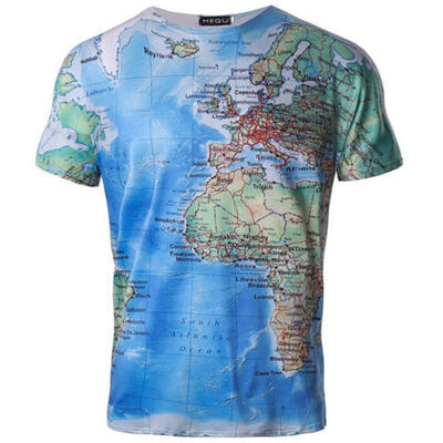 

New Mens Fashion World Map Pattern Print Short Sleeve Tee O Neck T-shirt Tops