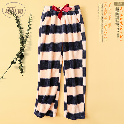

Qingtong QingTong coral velvet sleep pants women autumn&winter flannel casual thick warm wool plush trousers loose home pants 96721 shrimp stripes