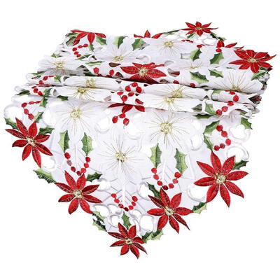 

UpperX Christmas Embroidered Table Poinsettia Holly Leaf Table for Christmas Decorations 15 x 69 Inch