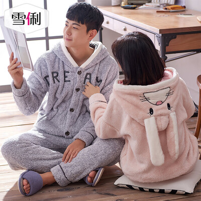 

Snow fall autumn&winter flannel lovers pajamas ladies cute hooded thick coral fleece male long sleeve cartoon suit pink