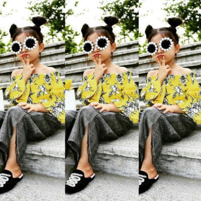 

2Pcs Toddler Kids Baby Girls Flowers Plaid Tops Wide Leg Pants Outfits Clothes