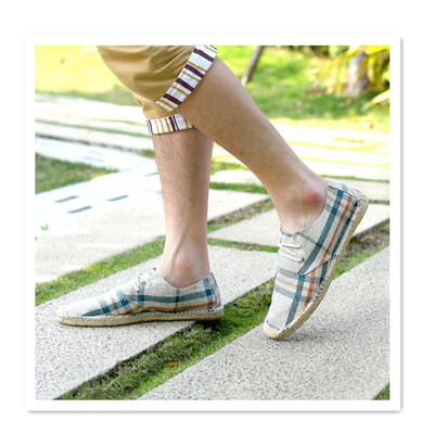 

2018 straw canvas shoes mens personality linen bottom fisherman shoes mens casual tie hemp rope woven bottom plaid shoes