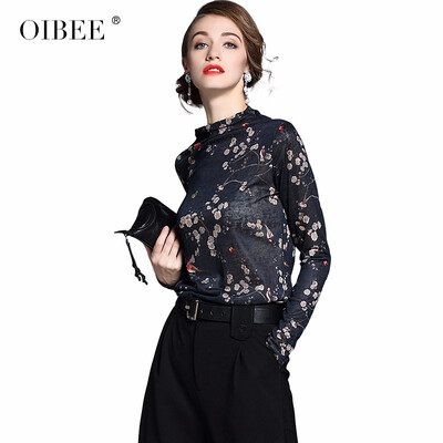

OIBEE2018 spring new print bottoming sweater womens long-sleeved T-shirt half-high collar foreign gas small shirt European statio