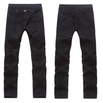 

Mens Stretchy Ripped Skinny Biker Jeans Destroyed Taped Slim Fit Denim Pants US