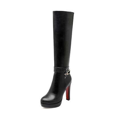 

IDIFU Womens Elegant Strap Plain Round Toe Side Zipper Chunky High Heel Platform Knee High Biker Boots Shoes