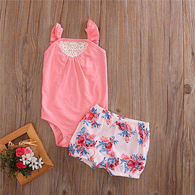 

Newborn Baby Girls Floral Lace Tops RomperShort Pants Summer Outfits Clothes CA