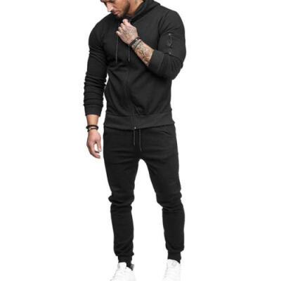 

2018 Mens Tracksuit Set Zip Hoodie Top&Bottom Joggers Gym Sports Suit Plain