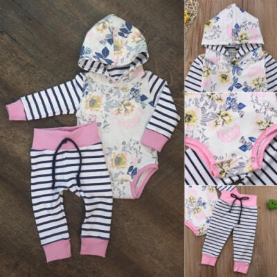 

Newborn Infant Baby Girl Hooded RomperStriped Pants Set Floral Outfits Clothes