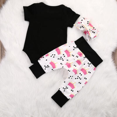 

Newborn Baby Girls Princess Crown Print RompersPantsHeadband 3pcs Outfits Set