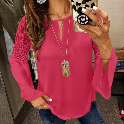 

2018 Autumn Women Flared Sleeve Chiffon Shirt Lace Splice Long Sleeve Casual Tops Cotton Slim Fit Womens Blouse Round Neck Chemise