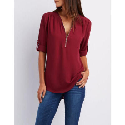 

Womens Blouse Chiffon Long Sleeve Shirt V Neck Loose Casual Tops Shirt UK