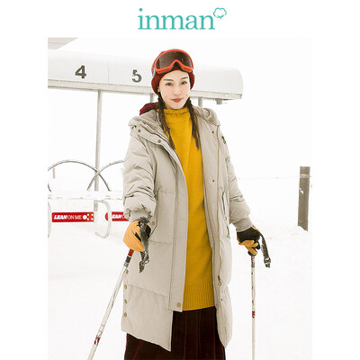 

INMAN 2018 winter new style plus velvet hood long section over the knee windproof warm thick down jacket jacket female 1884121170 light gray L