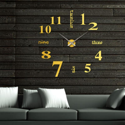 

US Modern DIY Large Wall Clock 3D Mirror Surface Sticker Home Office Decor Black