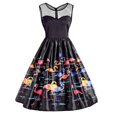 

Flamingo Print Mesh Yoke Sleeveless Vintage Dress