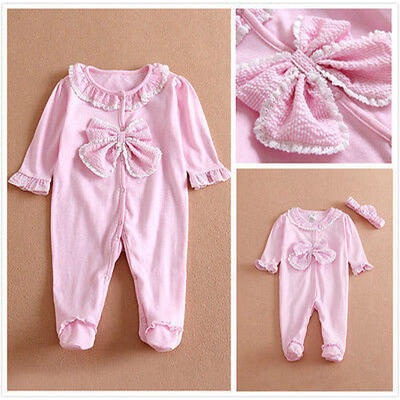 

2pc Newborn Baby Girls Long Sleeve Romper Headband Clothes Outfits Set 09M Gift