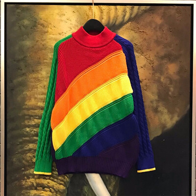 

new 2018 sweater female sweater oblique stripe color half high collar sweater students relaxed lazy