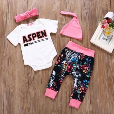 

4P Newborn Baby Girls Outfit Clothes Romper Jumpsuit Bodysuit Pants Hat Headband
