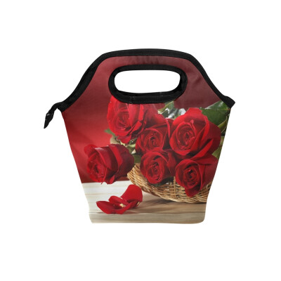 

Lunch Bag Red Roses Tote Travel Picnic Insulated Handbags Portable Zipper Lunch Bag Box