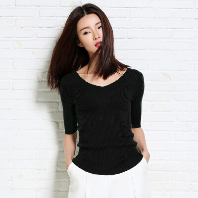 

MAZOE wild Slim solid color ribbed knitted sleeve V-neck T-shirt S1212 black all yards