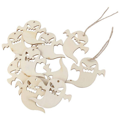 

UpperX 10pcs Wooden Embellishments Halloween Decoration Snicker Ghost Pattern Pendant with Hemp Ropes Halloween gifts DIY