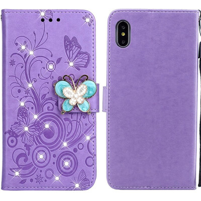 

MOONCASE Apple iPhone  Max Butterfly Rhinestone Embossed Leather Case - Purple