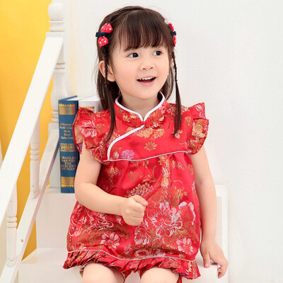 

Buenos Ninos Girls Short Sleeve Cheongsam Baby Qipao Patterned Cloth Set