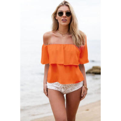 

AU Women Loose Short Sleeve Chiffon Casual Blouse Slash Neck Shirt Tops Summer