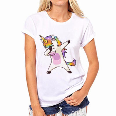 

Colorful Dabbing Unicorn Print Women Short Sleeve Tops Cartoon T-Shirt UK Stock