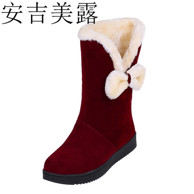

安吉美露秋冬新款中低跟平底雪地靴短靴蝴蝶结毛毛中筒女靴大小码学生靴33-40