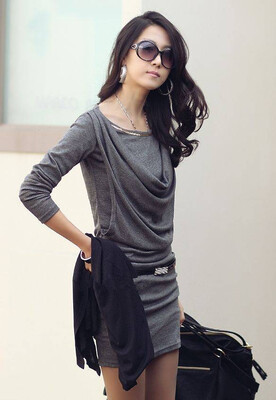 

Fashion Women Mini Dress Long Sleeve Slim Sexy OL Dress One-piece Gray