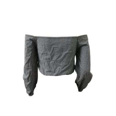 

US Stock Women Button Off Shoulder Lotus Sleeve T Shirt Crop Tops Plaid Blouse