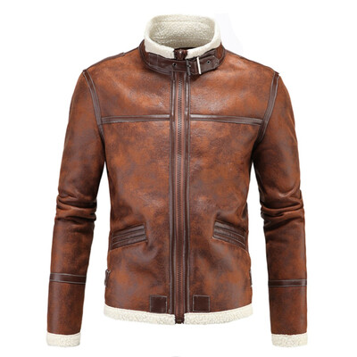 

AOWOFS Mens One-piece Jacket Winter Thicken Stand Collar Mens Leather D042