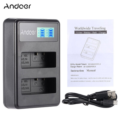 

Andoer EN-EL14 EN-EL14A Rechargeable Li-ion Battery Charger Pack LED Display 2-Slot USB Cable Kit for Nikon D3100 D3200 D3300 D510