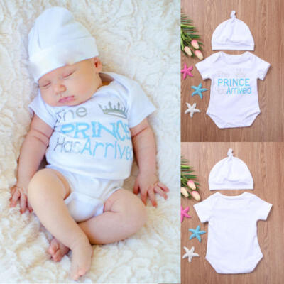 

"The Prince Has Arrived" Newborn Baby Boys Romper Hat 2Pcs Outfits Shower Gift