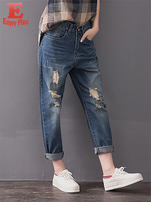 

XL XXL 3XL 4XL 5XL plus size cotton casual autumn 2018 women long denim jeans harem pant big size blue ripped loose trousers