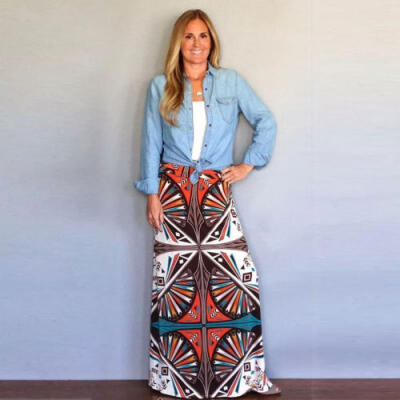 

USA Fashion Elegant Women Long Maxi Skirt High Waist Summer Boho Beach Skirt