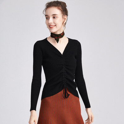 

Her pool womens 2018 autumn&winter new V-neck temperament commuter slim long-sleeved elegant sweater sweater coat T83X1856A10JM black one yard
